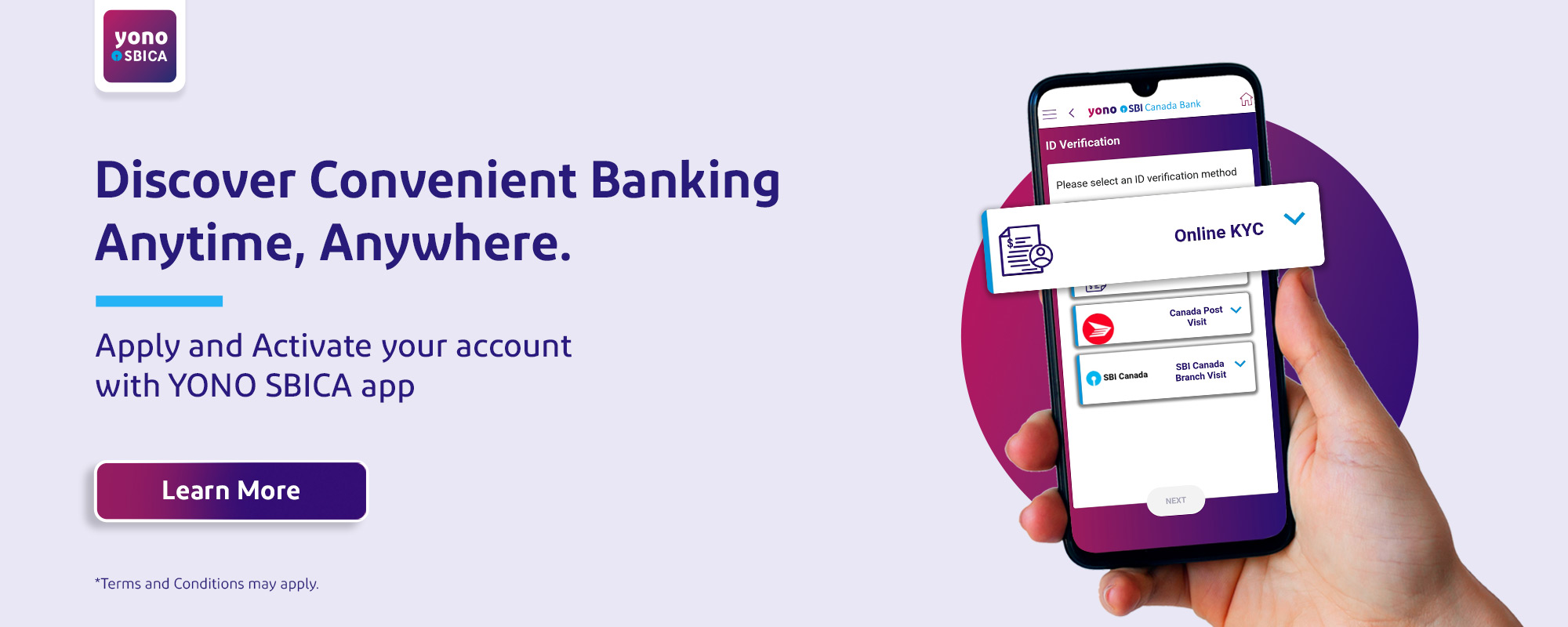 Home banner image slider one tells to discover, convienent banking anytime, anywhere. Apply and activate your account with YONO SBICA App